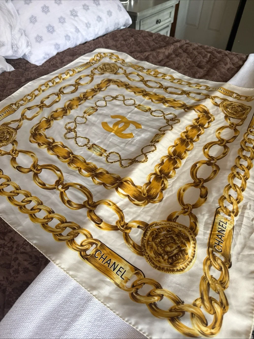 CHANEL Ivory Silk Scarf with Gold Chain Motif 33x33